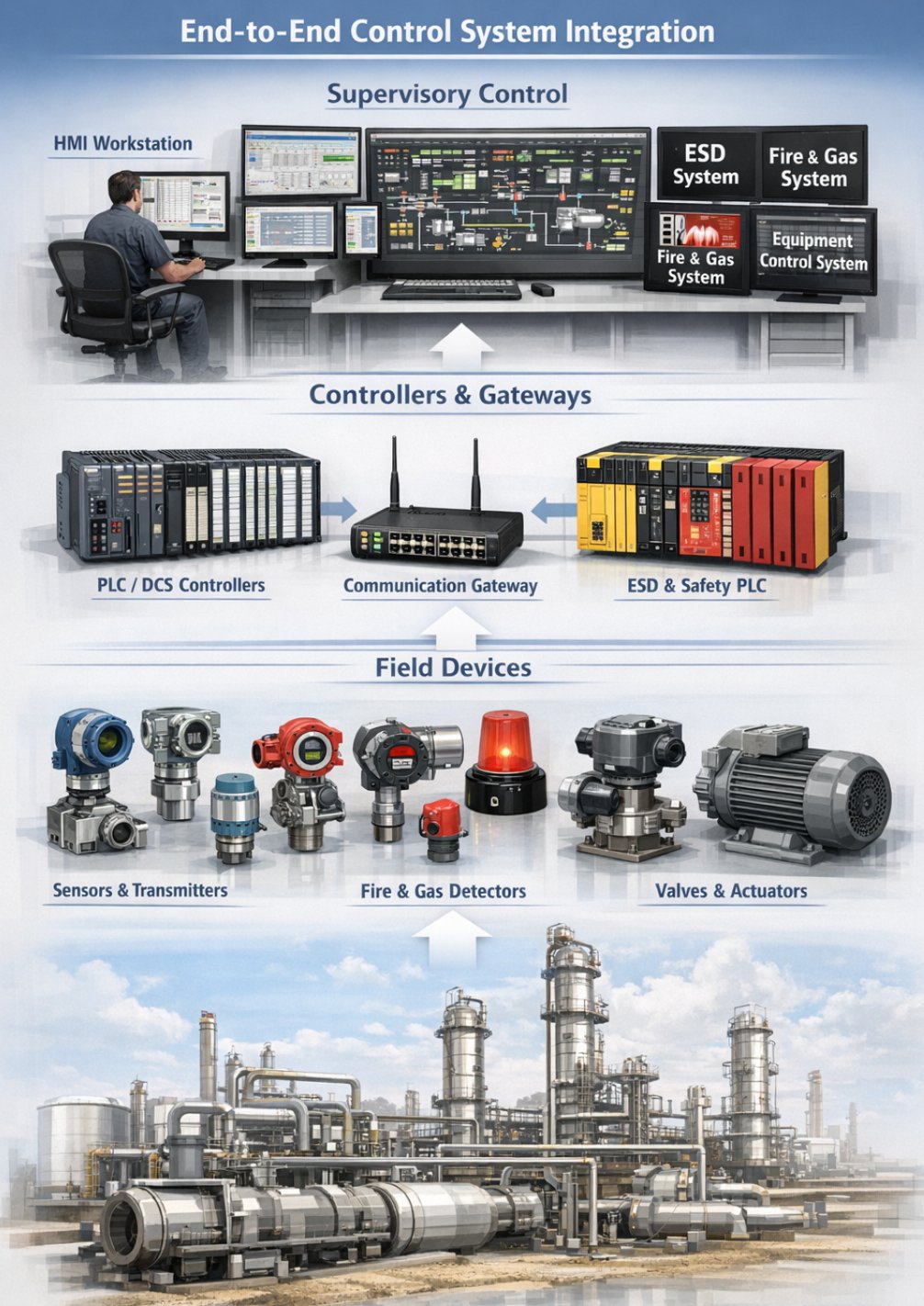 End-to-end control system integration showing HMI workstations, DCS and PLC controllers, communication gateways, and field devices