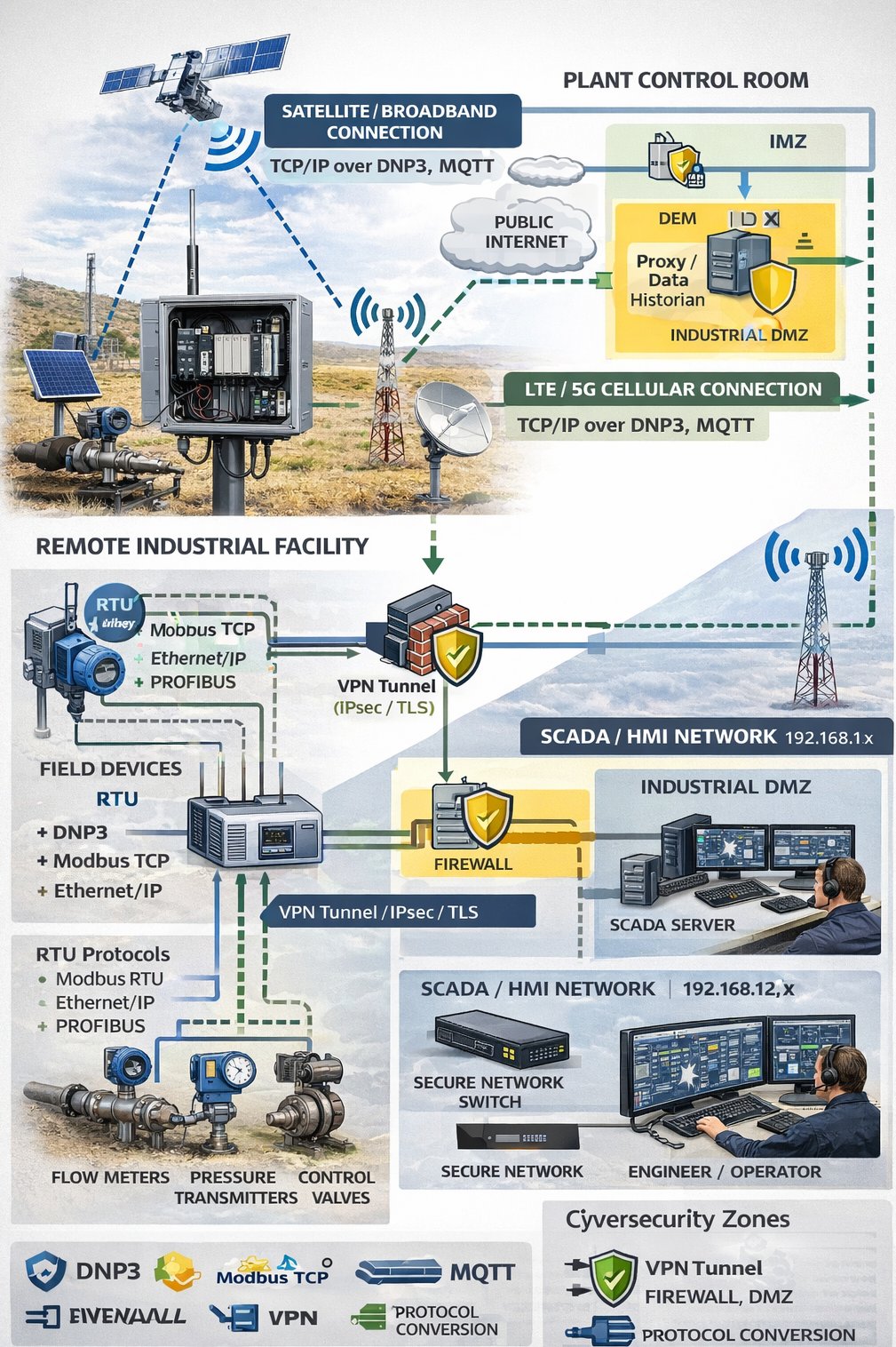 Remote monitoring and telemetry architecture with satellite and cellular communications, RTU, SCADA servers, and cybersecurity zones