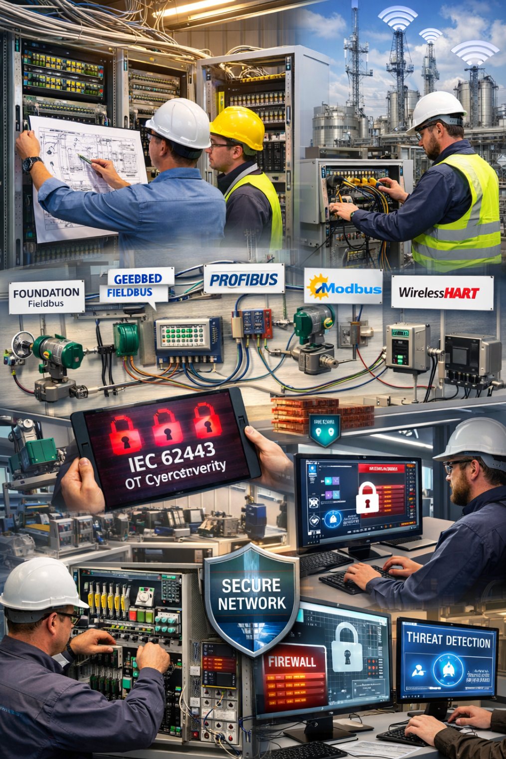 Industrial network infrastructure showing Foundation Fieldbus, PROFIBUS, Modbus, WirelessHART, and IEC 62443 cybersecurity