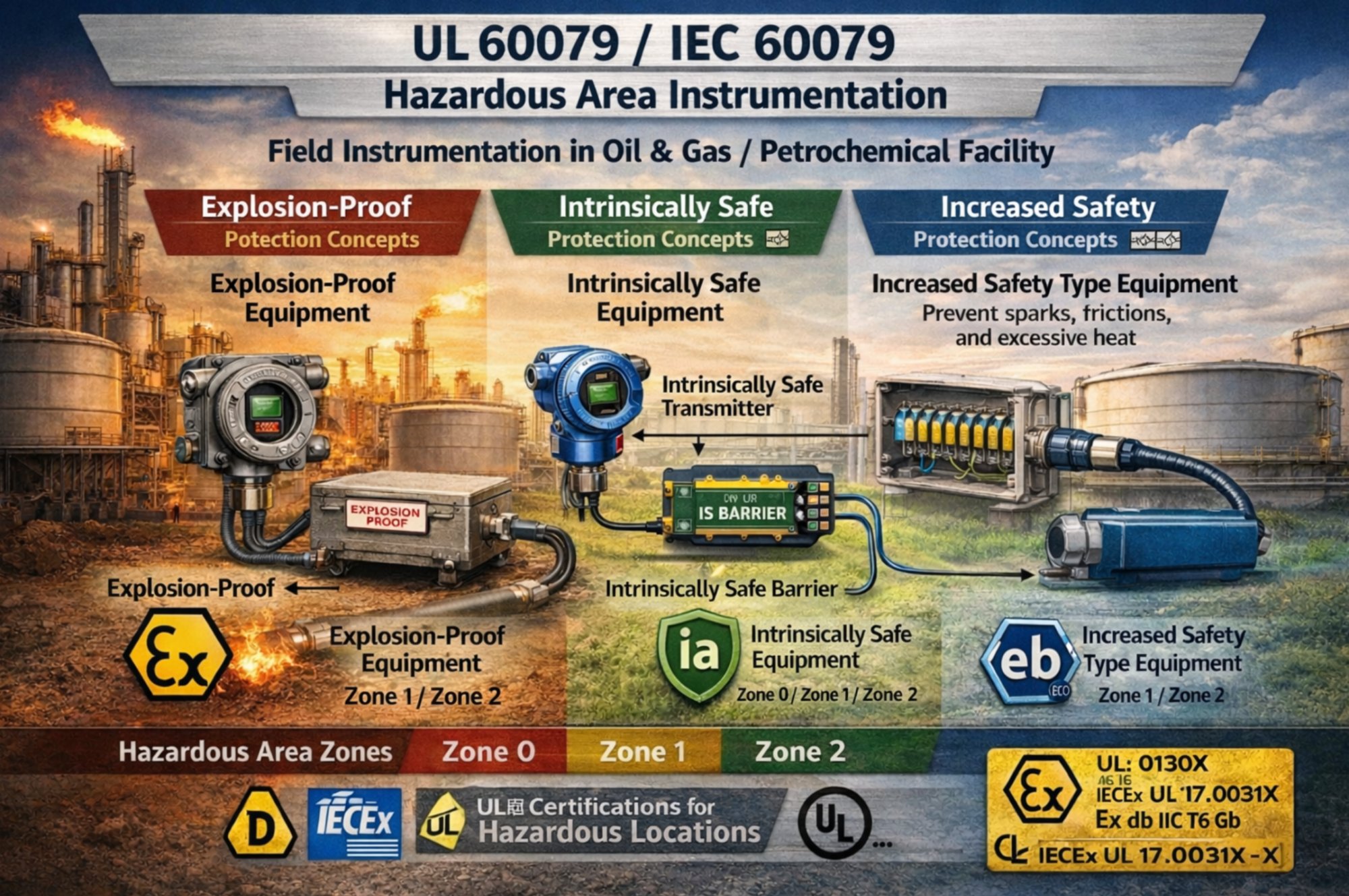 Hazardous area instrumentation showing explosion-proof, intrinsically safe, and increased safety protection concepts per IEC 60079