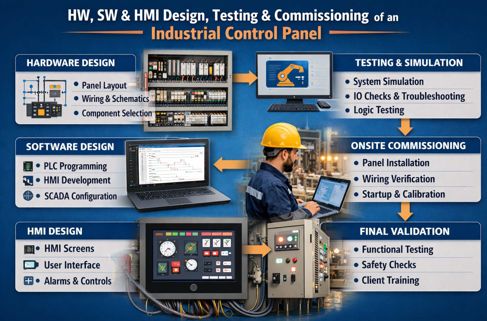 Control panel HW SW and HMI design workflow including hardware design, software design, testing, commissioning, and validation
