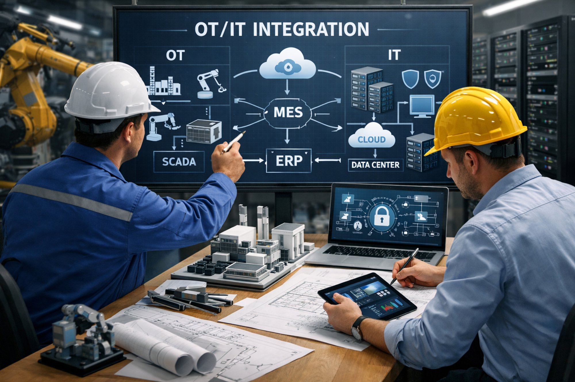 OT IT integration architecture showing SCADA, MES, ERP, cloud, and data center connectivity