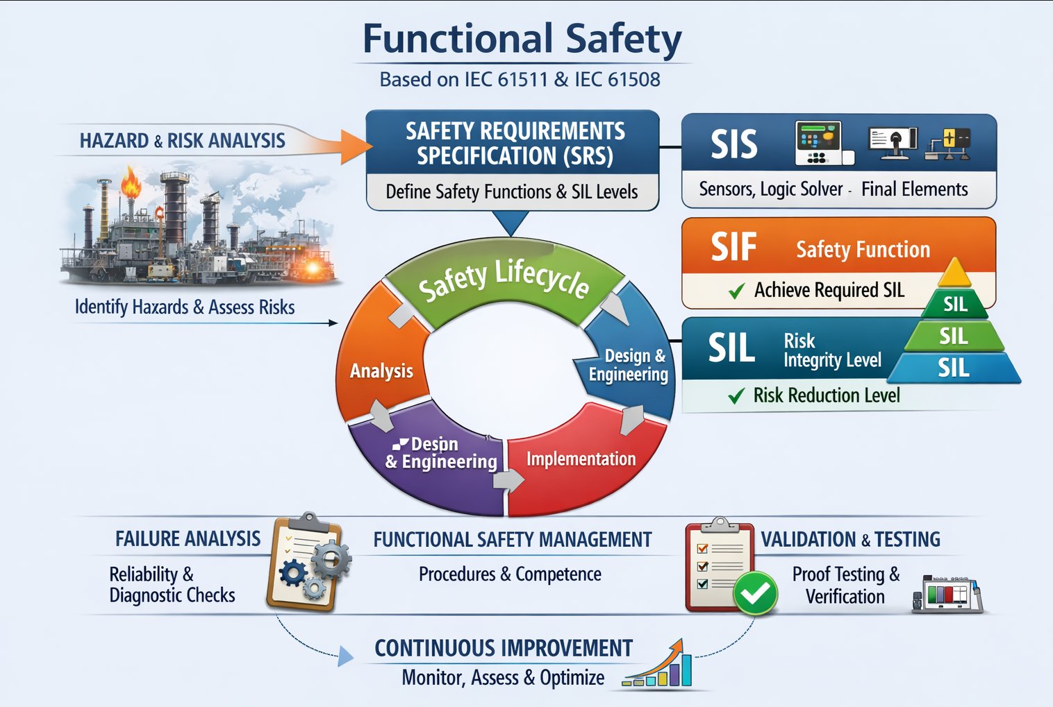 Functional safety lifecycle based on IEC 61511 and IEC 61508 showing hazard analysis, SRS, SIS, SIF, SIL levels, validation and continuous improvement