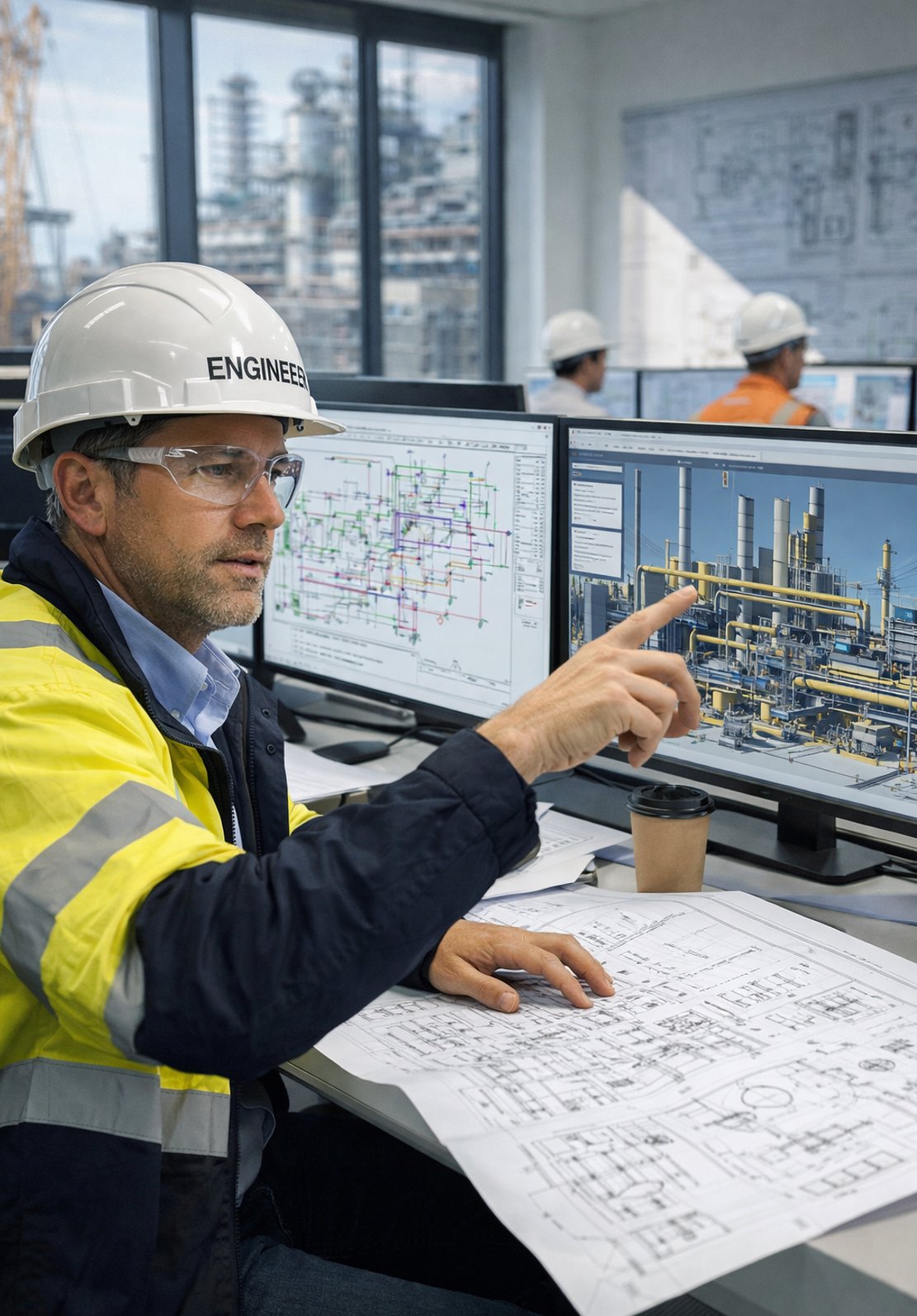 Owner engineer reviewing P&ID drawings and 3D plant model on multiple screens at project office