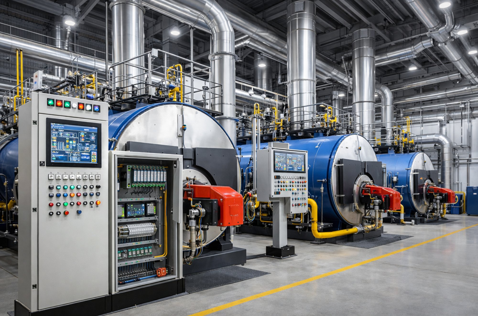 Industrial boiler room with fire-tube boilers, control panels, HMI displays, and steam piping
