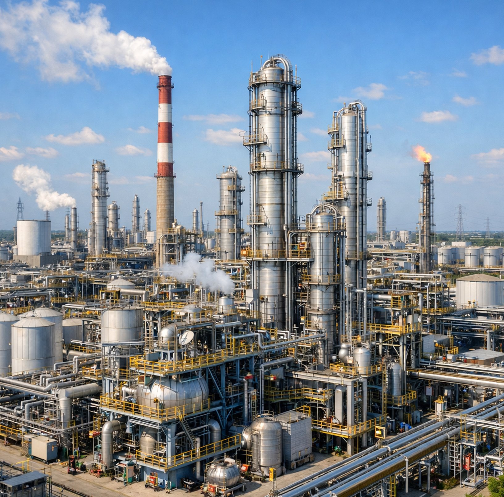 Chemical manufacturing plant with distillation columns, reactor vessels, storage tanks, and process piping