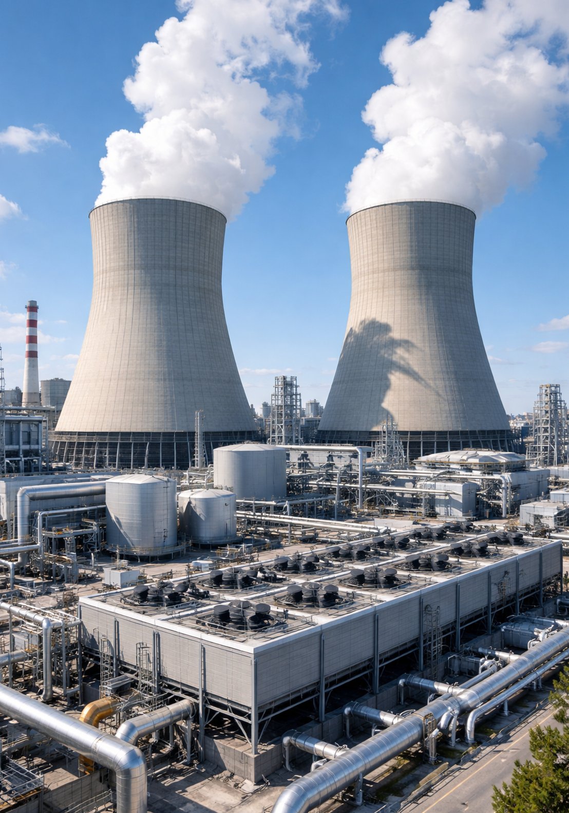 Industrial cooling tower systems with hyperbolic towers and steam at power generation facility