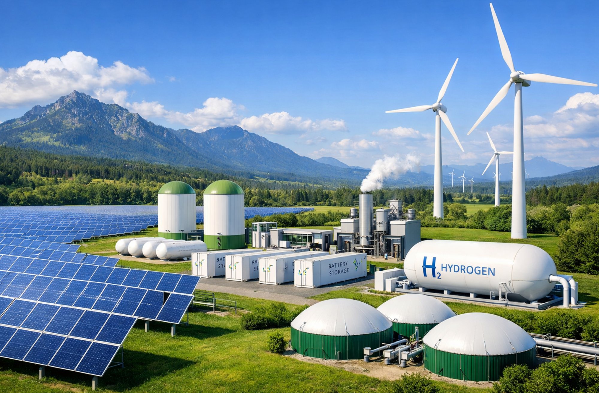 Green energy facility with solar panels, wind turbines, hydrogen storage, battery storage, and biogas digesters