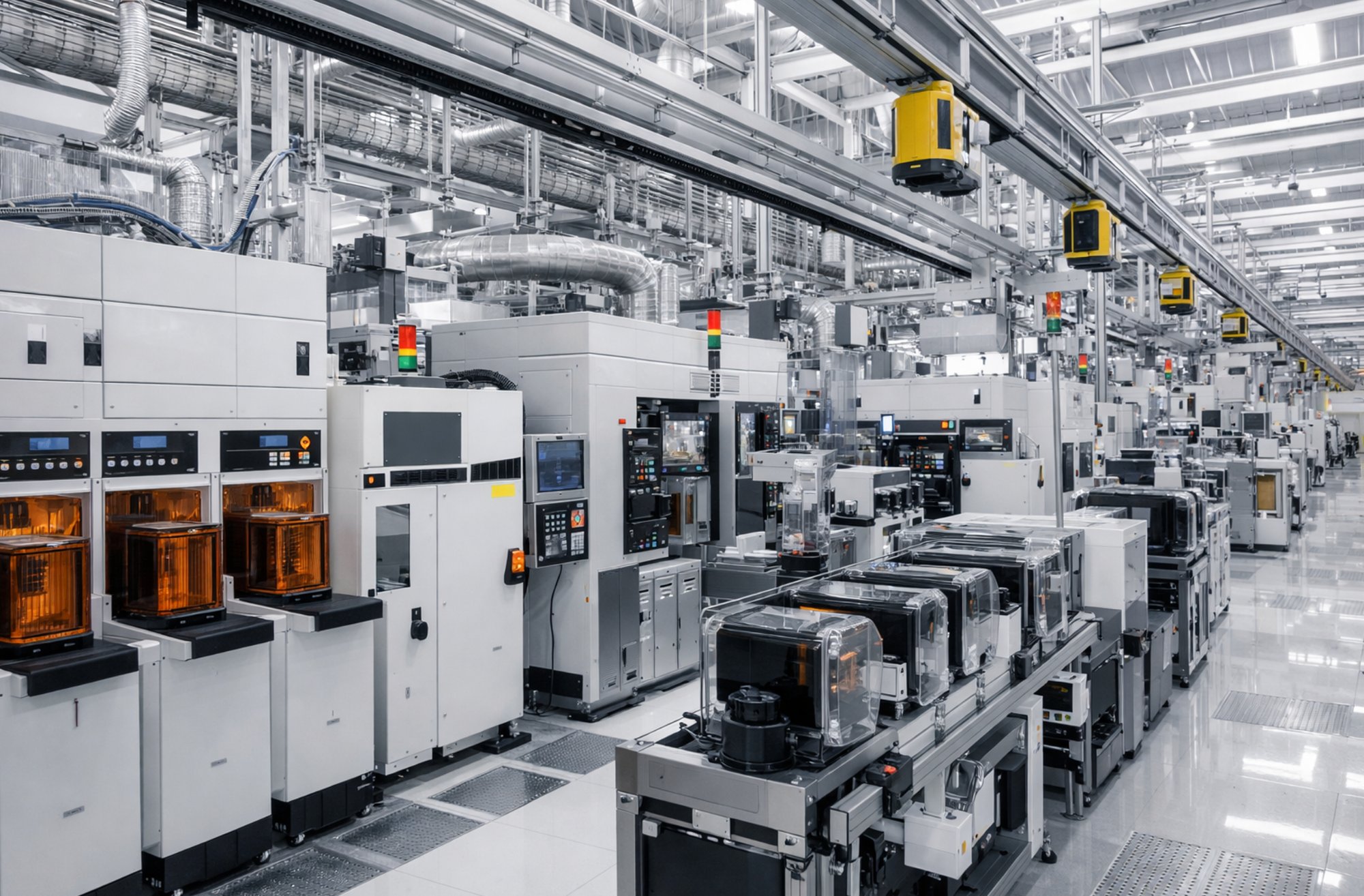 Industrial manufacturing plant with automated production line, CNC machines, and robotic equipment