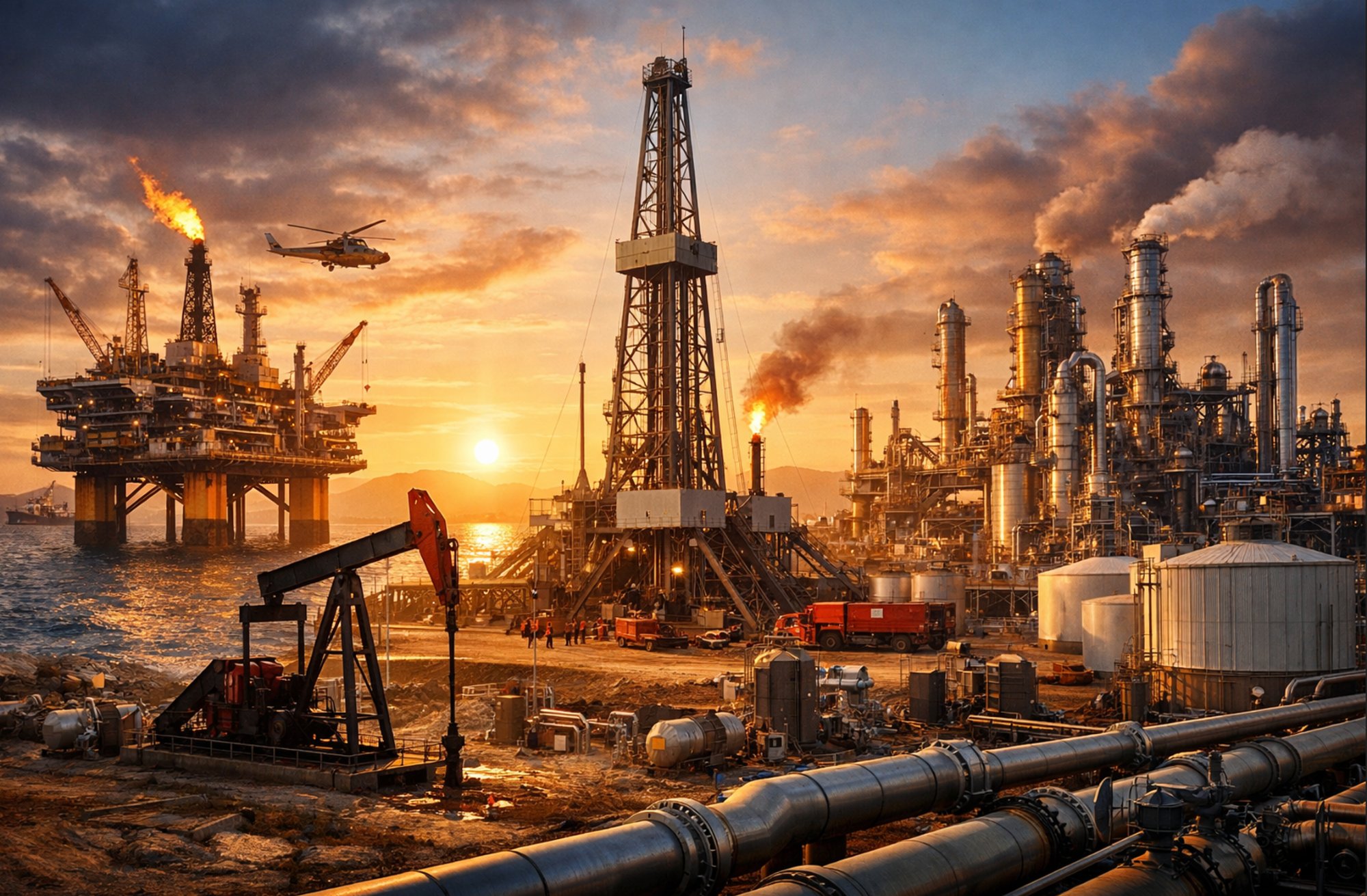 Oil and gas industry showing offshore platform, drilling rig, pump jack, refinery, and pipeline infrastructure at sunset