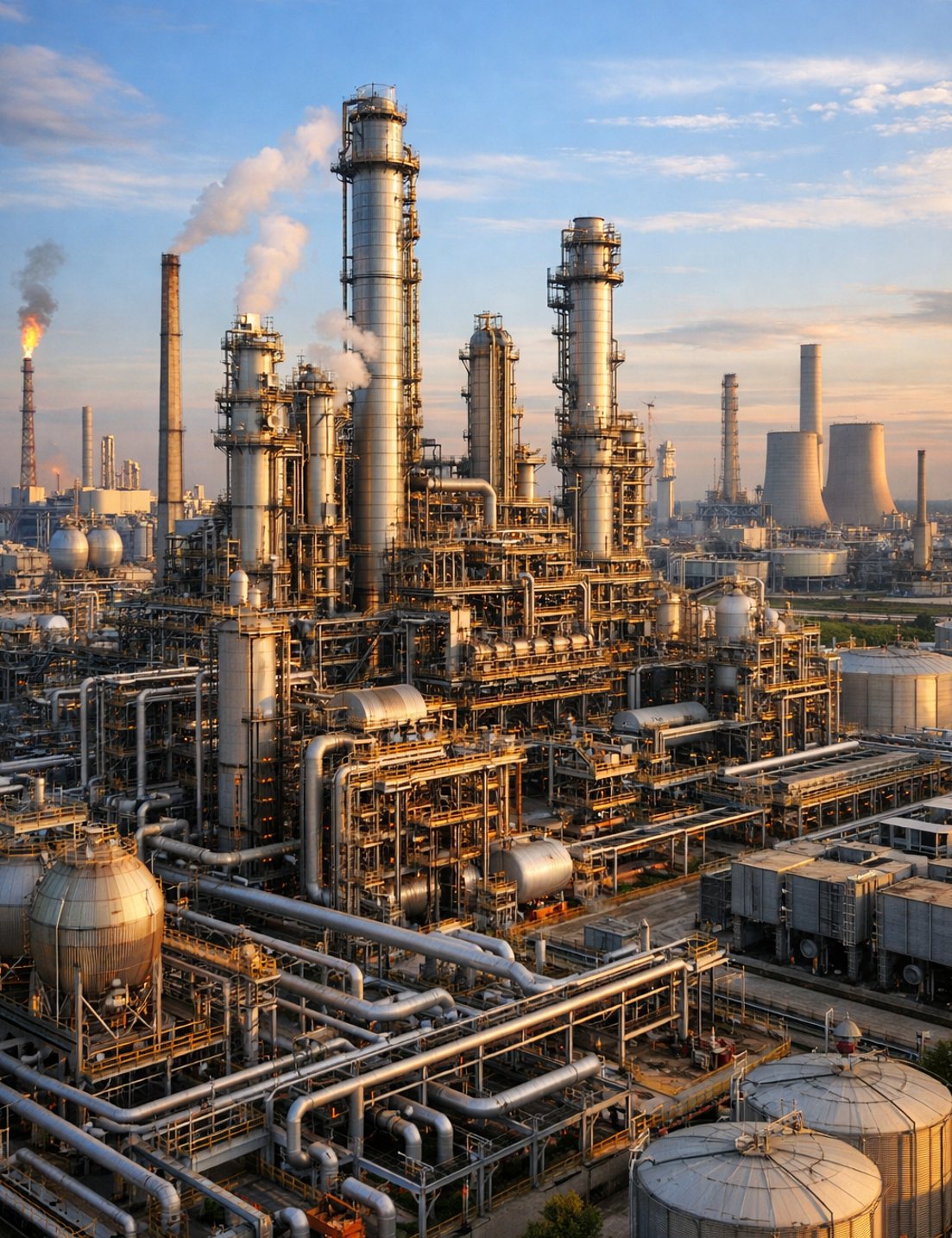 Petrochemical plant complex with distillation towers, pipe racks, and storage spheres at golden hour