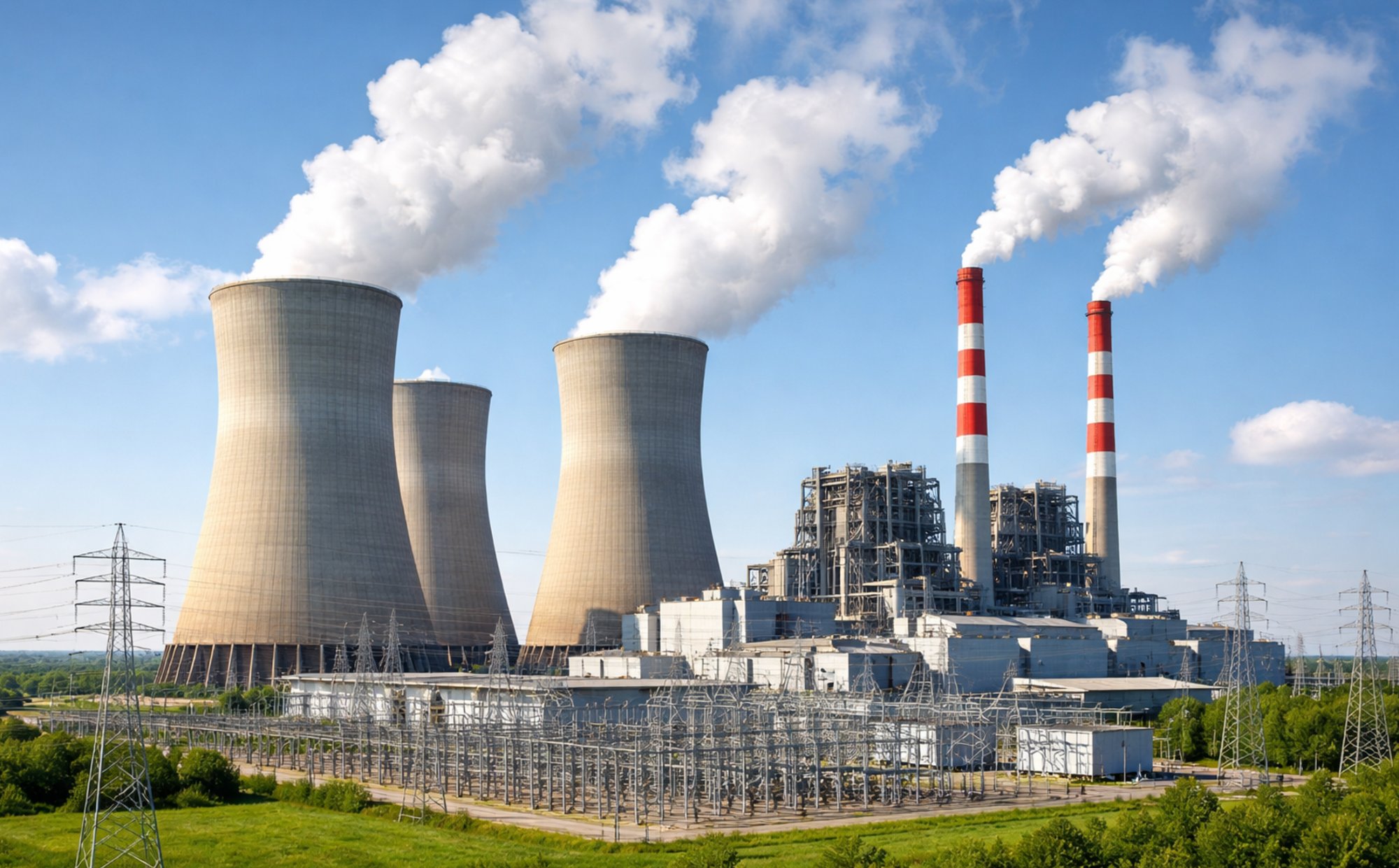 Power generation plant with cooling towers, smokestacks, and electrical transmission substation