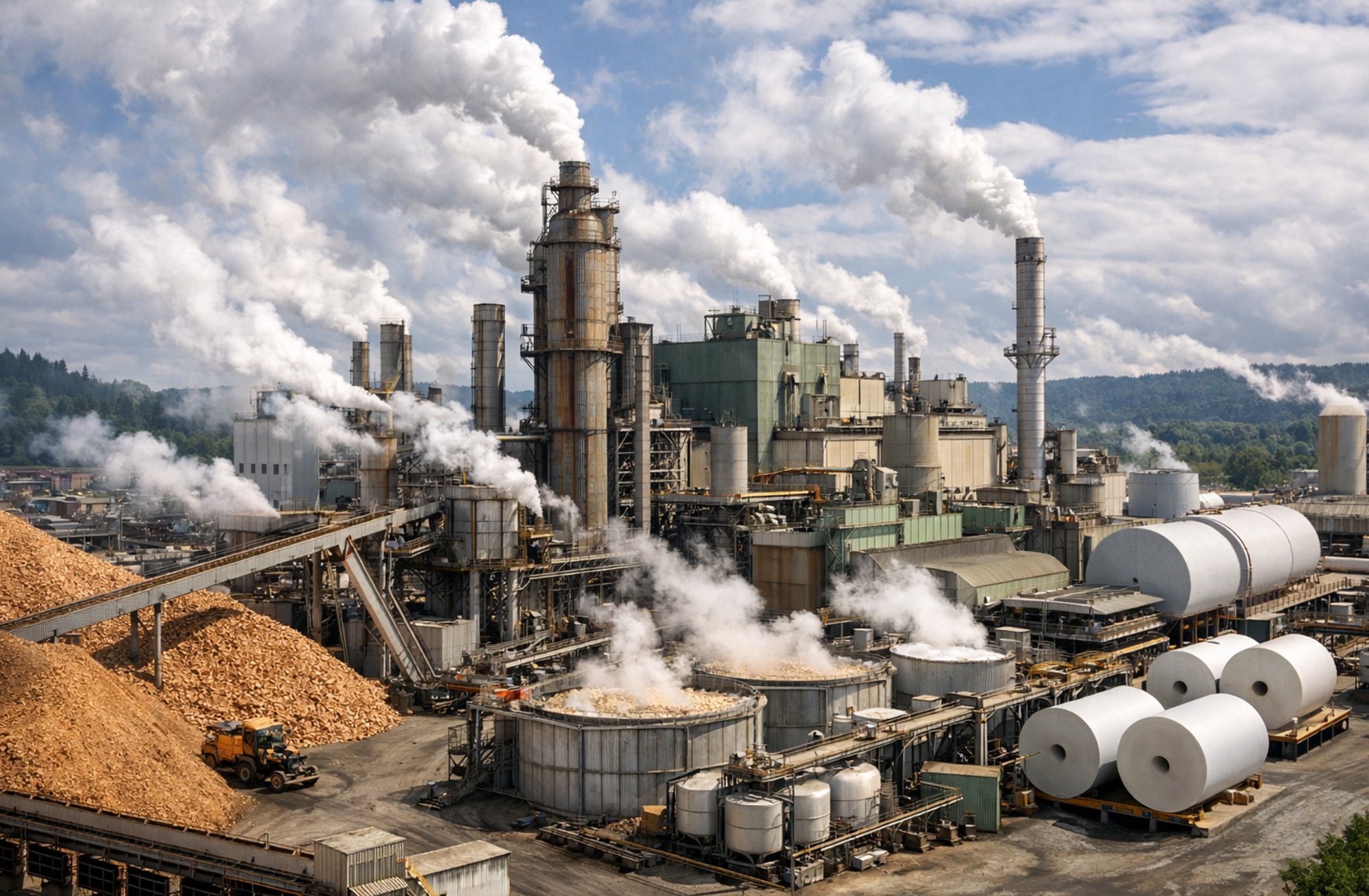 Pulp and paper mill with wood chip stockpile, digesters, recovery boiler, and finished paper rolls