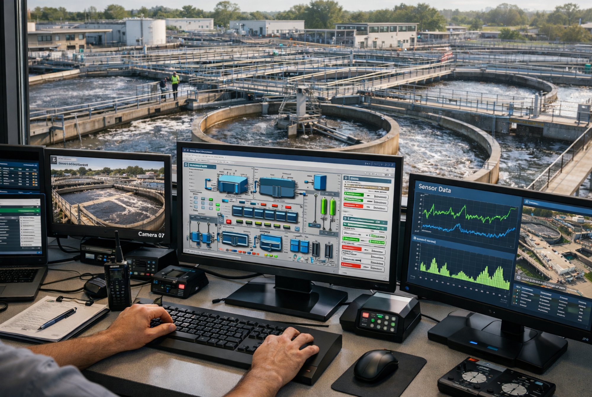 Wastewater treatment SCADA control room with HMI screens showing process diagrams, sensor data trends, and camera monitoring of aeration basins