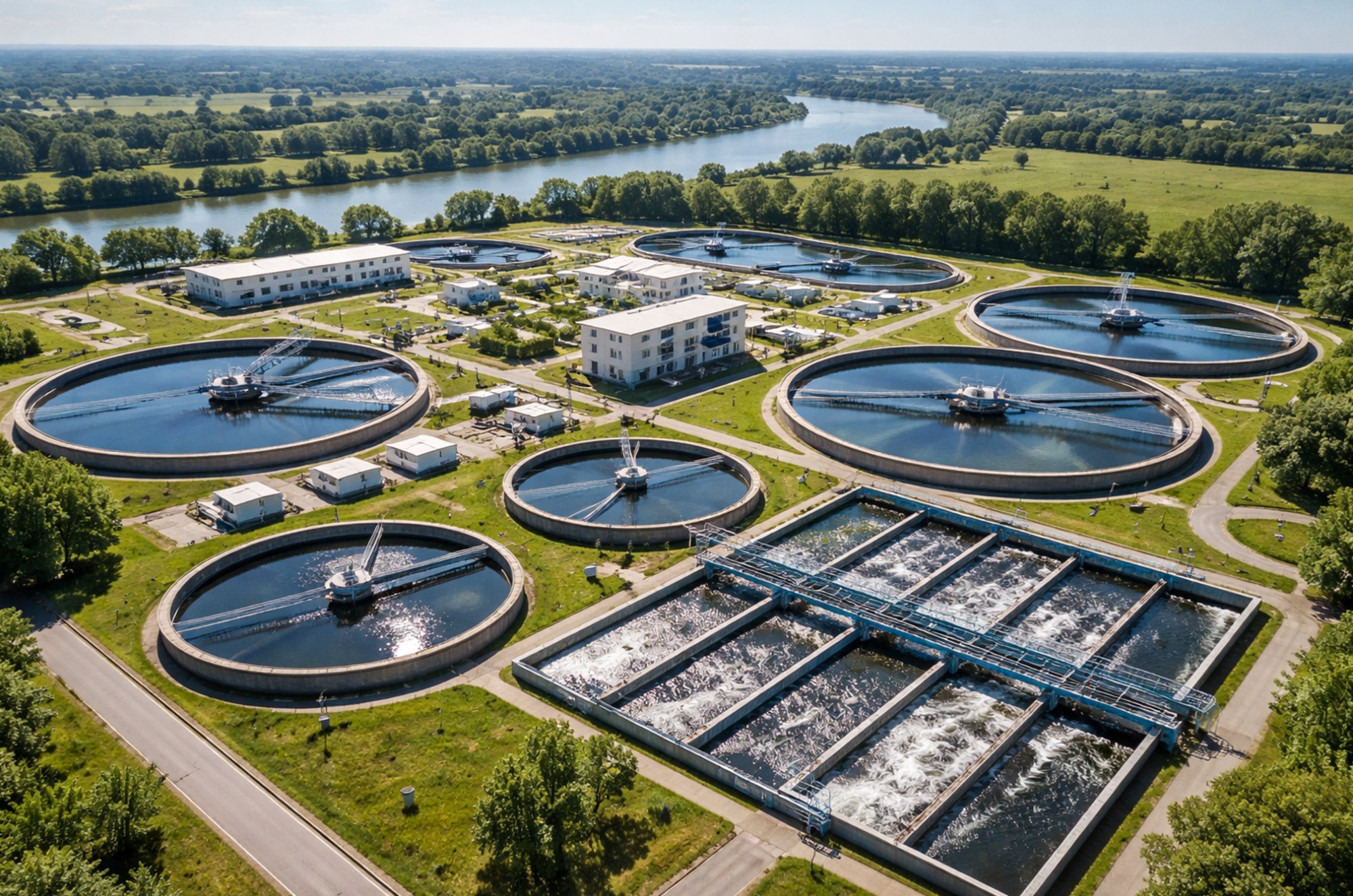 Water and wastewater treatment facility aerial view with circular clarifier basins and aeration tanks